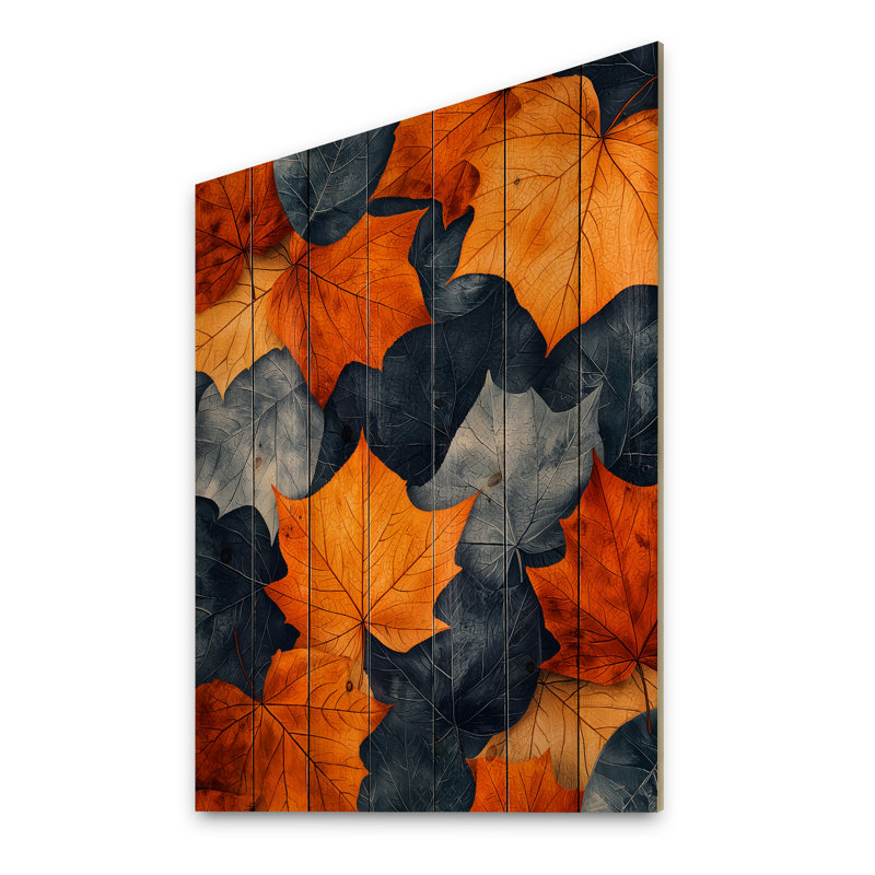 Orange Autumn Leaves III - Leaves Wood Wall Decor - On Natural Pine Wood, 20" H x 10" W x 0.78" D
