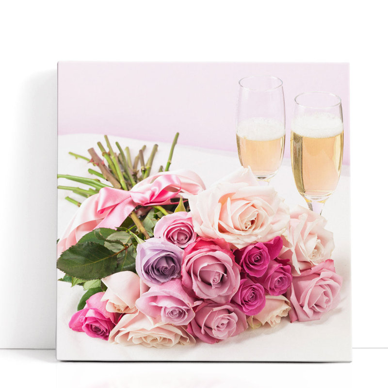 Bouquet de roses avec verres à champagne - reproduction d'art sur toile, H 12 po x l 12 po
