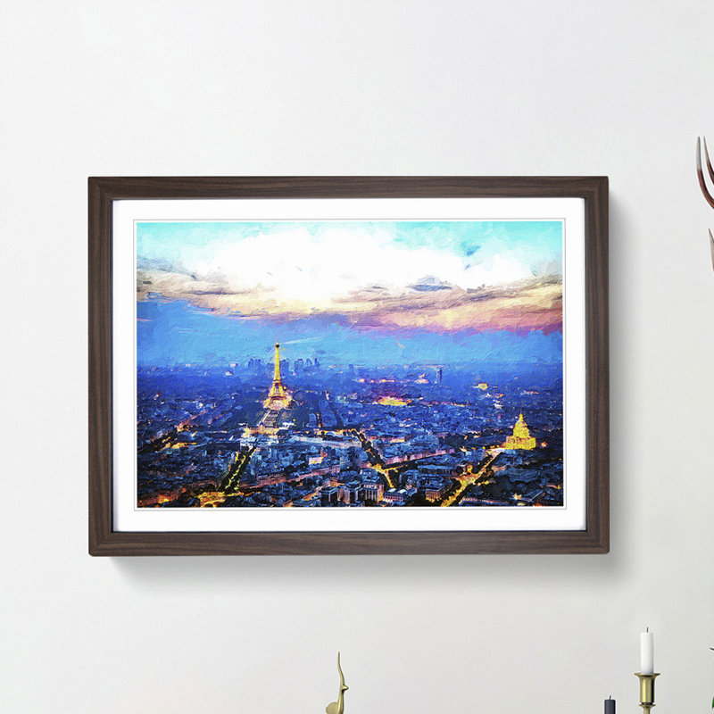 Paris Eiffel Tower Skyline at Dusk - Framed Print, 27cm H x 36cm W x 2cm D, Walnut Framed