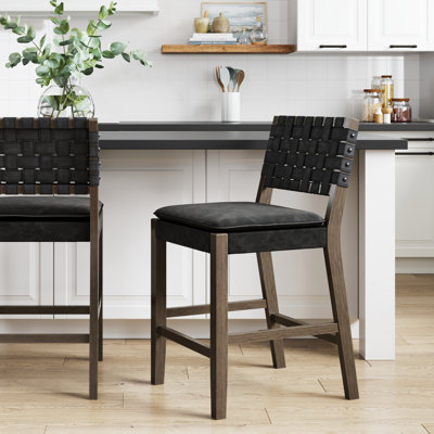 Woven Faux Leather Counter Height Stool with Solid Wood Legs