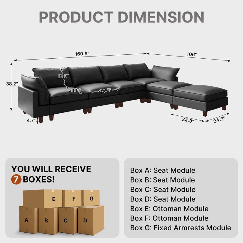 Canapé modulaire rembourré 4 pièces avec 2 repose-pieds, Faux cuir gris, H 38,1 po x l 160,6 po x P 37,4 po