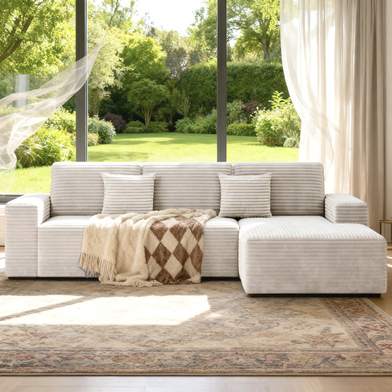 111" Modular Sectional Sofa With L-Shaped Chaise, No Assembly Required, White Corduroy