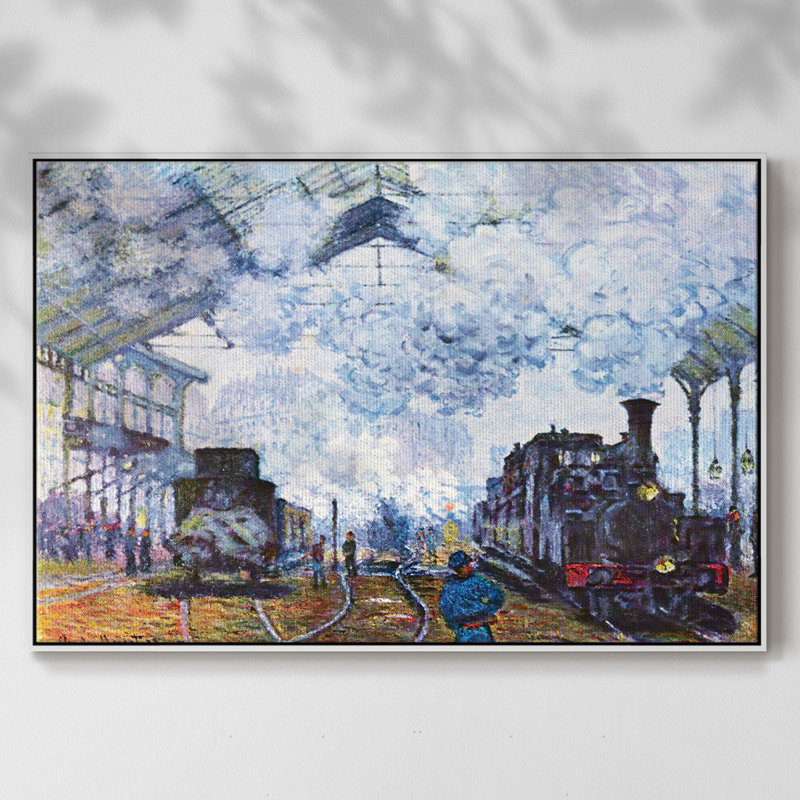 «Saint Lazare Station In Paris», arrivée d'un train par Monet sur toile, H 25 po x l 17 po x P 2 po, Toile avec cadre blanc