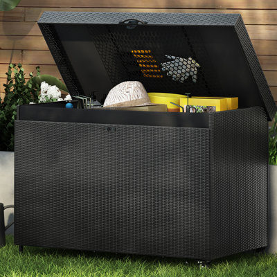 Boîte de rangement en osier avec roulettes 230 gallons, boîte de rangement extérieure toutes saisons, bac de rangement en rotin pour meubles de patio, coussins d'extérieur, rangement pour piscine et outils de jardin