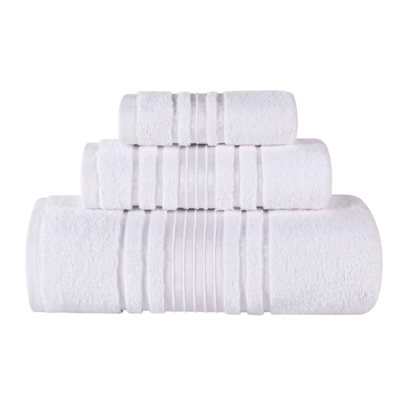 Ensemble de serviettes en coton uni et jacquard Sadie Zero Twist, Ensemble de serviettes - 3 pièces, Blanc, À rayures