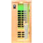 Chauffage infrarouge lointain pour une personne, intérieur, basse température, en bois de pruche, 8 panneaux chauffants, audio, commandes tactiles, protection contre la surchauffe et affichage en degrés Celsius.