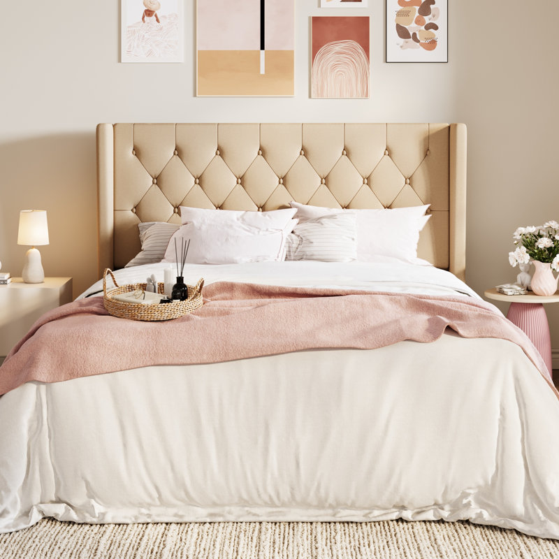 Structure de lit tapissier avec tête de lit Hilbert, Double, Beige