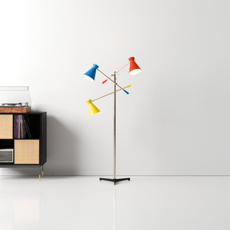 Adjustable Antique Brass Tripod Floor Lamp with Multi-Color Shades
