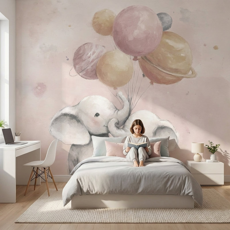 Papier peint pour éléphants, motif pastel fantaisiste., 120"x96", Non-Woven Nonpasted