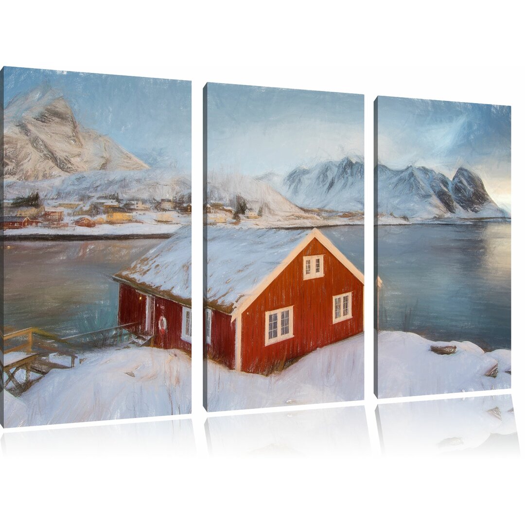 3-tlg. Leinwandbilder-Set „Fischerhaus an den Lofoten Inseln“, Grafikdruck