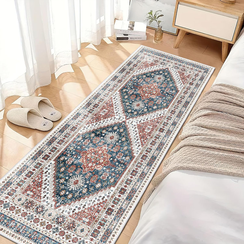 Medallion Non Slip Washable Rug(Red), Runner 2' x 6'