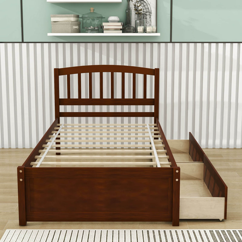 Twin Size 2 Drawers Platform Bed Frame with Headboard, Walnut