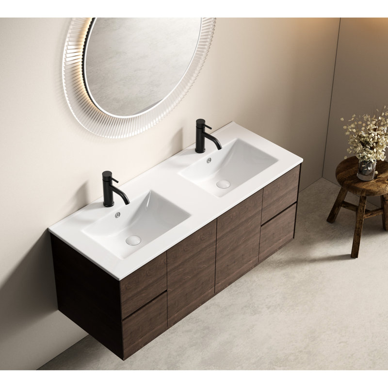 Lavabo à double cuve en céramique blanc laiteux, conception à rebord mince de 121 x 46 17 cm, aspect traditionnel américain, finition émaillée, emballage sécuritaire, bord en porcelaine à solutions d'installation multiples, esthétique, glacis,