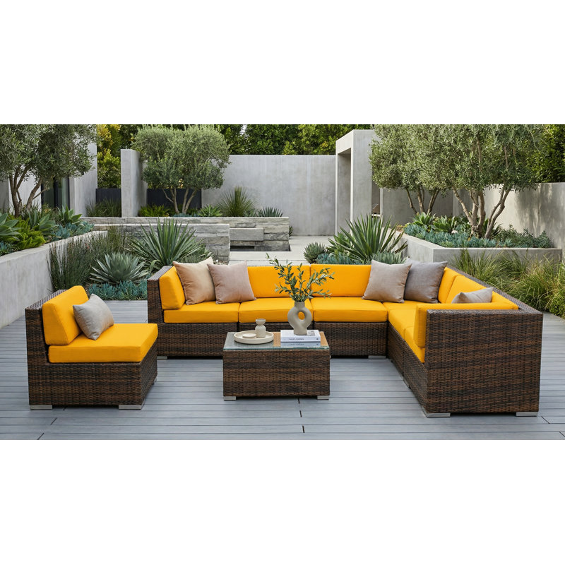 Billyjo Wicker 7 - Person Seating Group with Cushions - No Assembly, Mixed Brown, Supercrylic Brown