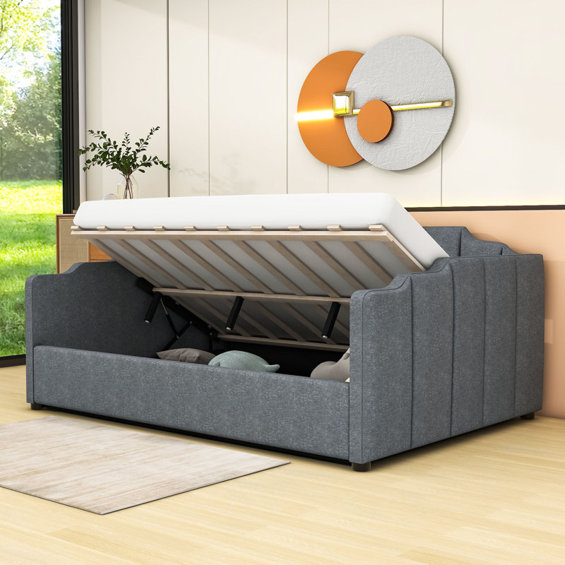 Wooden Upholstered Daybed with Underneath Storage, Gray, Full