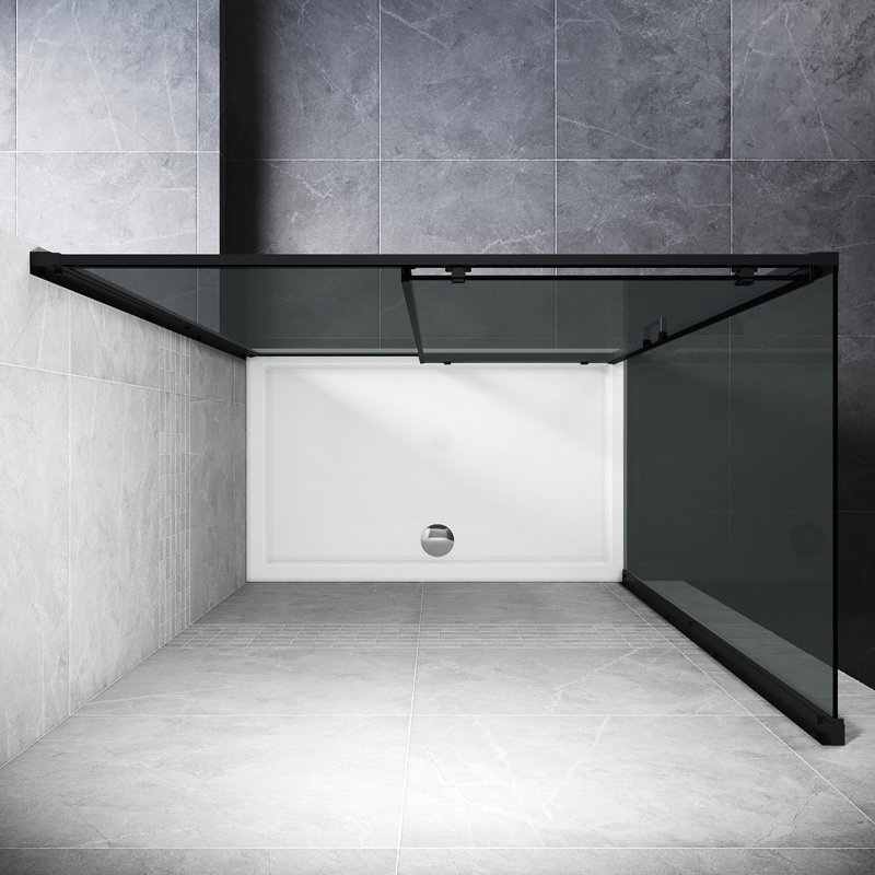 190*100*0.8cm, Safety Aluminum Framed Single-Sided Self-Cleaning Glass Shower Door with Side Panels, Black.
