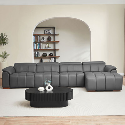 Canapé inclinable 4 places en cuir véritable à contrôle électrique mural en L 4 places, canapé de salon avec port USB, canapé avec appui-tête et repose-pieds pour le salon, appartement