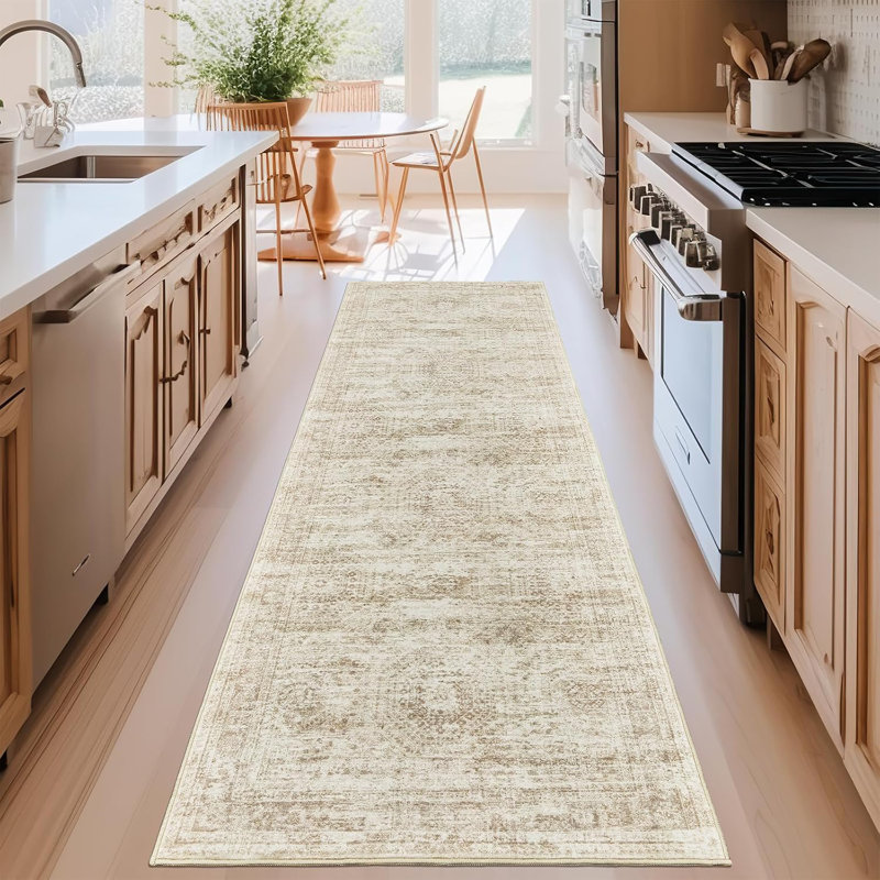 Tapis de couloir de cuisine doux antidérapant, Tapis de couloir 2 pi 6 po x 8 pi, Beige / Ivoire