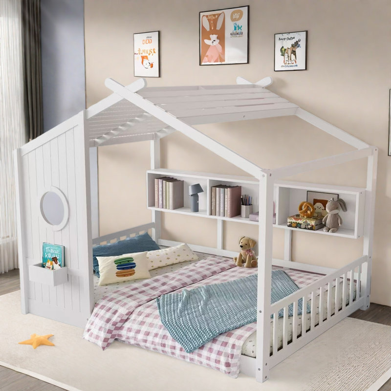 Lit sur pied avec tablettes de rangement, Blanc, Double