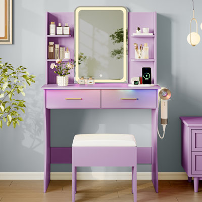 Lacorsha Makeup Vanity Set with LED Mirror ,Vanity Desk Stool with Power Outlet,2 Drawers,6 Shelves with Brightness Lighting, 1 Hair Dryer Holder