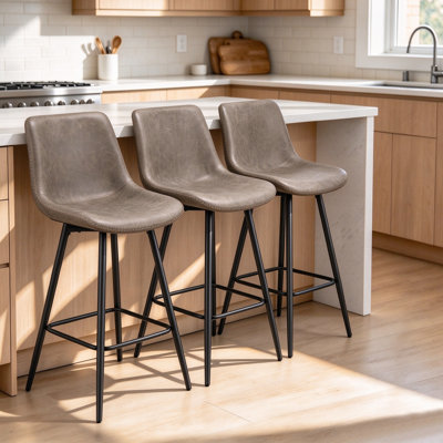 Modern Counter Height Bar Stools Set, Faux Leather Upholstered Kitchen Island Chairs with Ergonomic Backrest, Sawtooth Stitching, Tapered Metal Legs, 350 Lbs Capacity