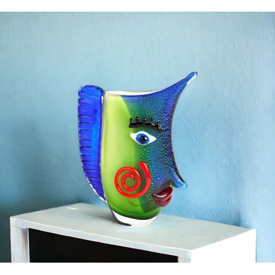 Renella 13" Blue and Green Murano Glass Modern Abstract Face Tabletop Sculpture