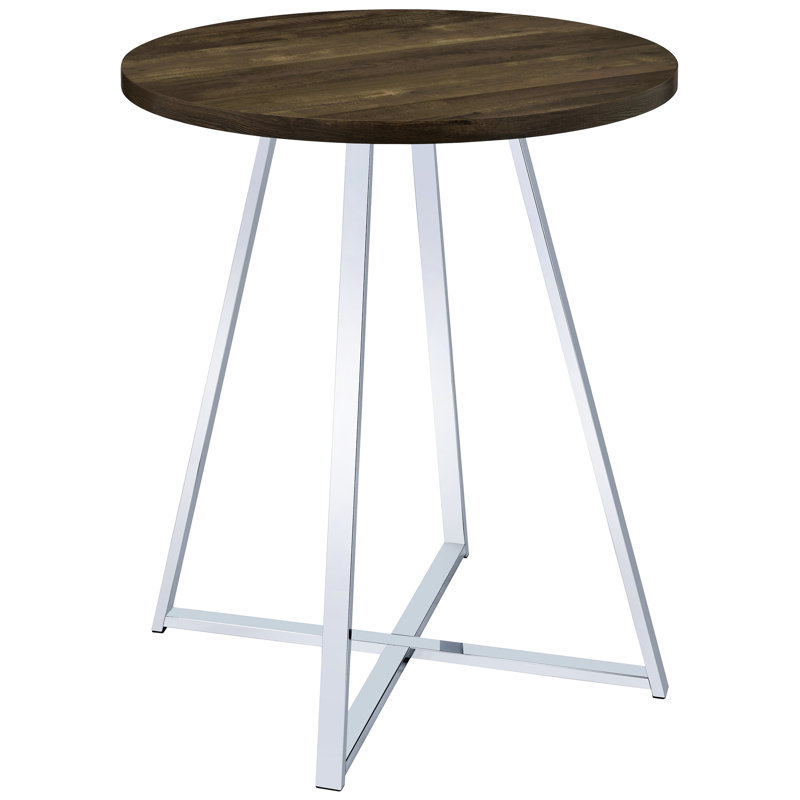 Table bistro ronde de 35 pouces avec finition chêne brun, base et pieds géométriques évasés, pour sièges de salle à manger avec finition en métal de 2 po