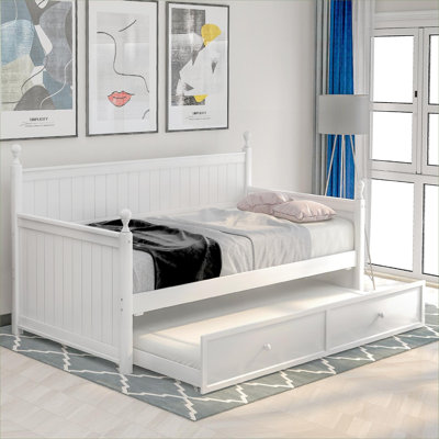 Lit de jour simple Clean Silhouette avec couchette coulissante, finition en bois massif blanc