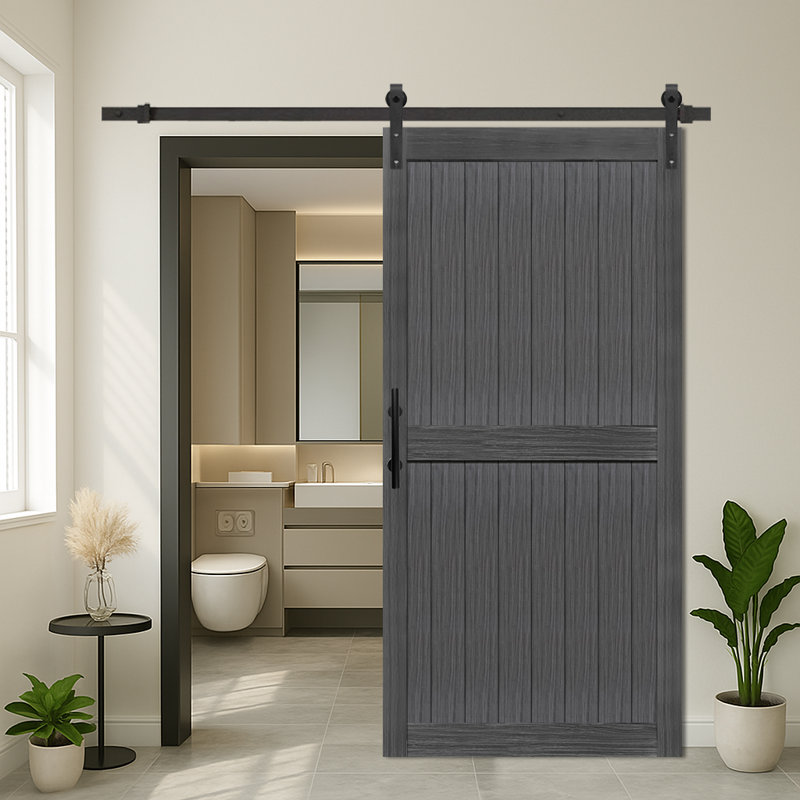 Ensemble de quincaillerie de porte de grange en panneau de fibres à densité moyenne avec porte coulissante recouverte d'une surface en PVC imperméable