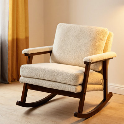 Chaise berçante moderne en velours 32,7 po Mid-Century - Chaise berçante d'appoint rembourrée avec structure en bois, coussin éponge haute densité et coussin lombaire - Fauteuil de lecture confortable pour le salon, la chambre à coucher et la véranda - Capacité de 250 lb