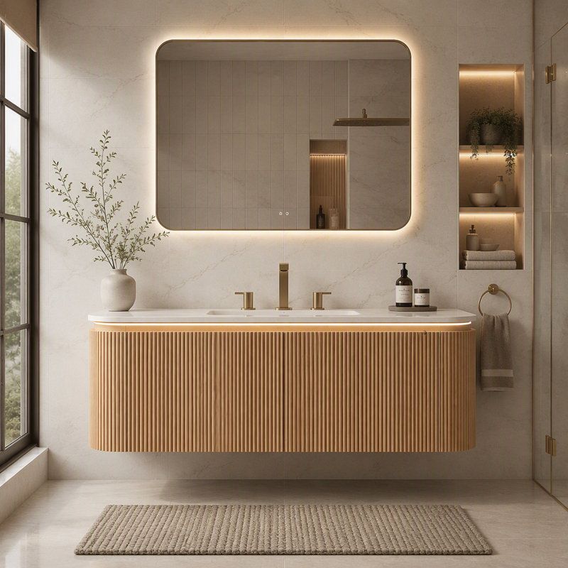 Meuble-lavabo mural de 122 cm avec lavabo intégré, armoire incurvée cannelée avec éclairage à détecteur de mouvement pour salle de bain moderne