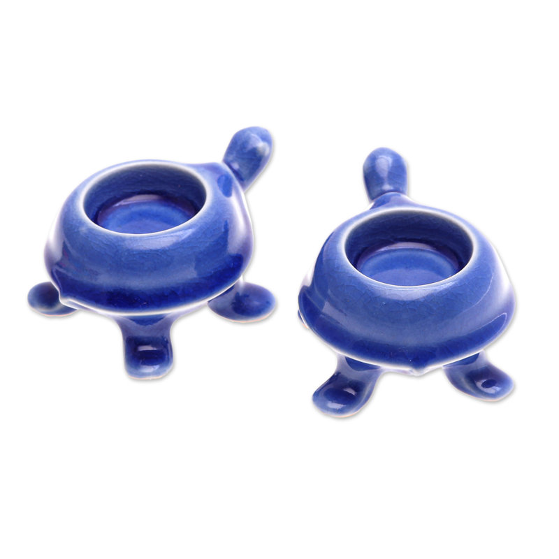 Dovecove Handmade Blue Guide Ceramic Tealight Candleholders (Pair)