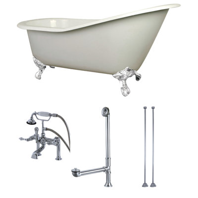 Kingston Brass Aqua Eden 62-Inch Cast Iron Oval Single Slipper Clawfoot Tub with Faucet Drain and Supply Lines Combo