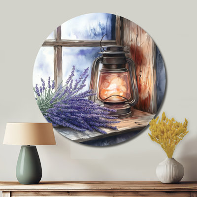 Lantern And Lavender Still Life - Barn Farm Ranch Round Metal Wall Decor