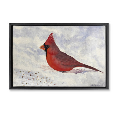 Cardinal rouge dans un cadre flottant enneigé, design par Stephanie Fielden