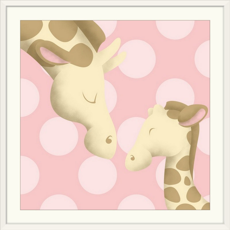 «Giraffe Mommy and Baby on Pink», impression, H 32 po x l 32 po x P 1 po, Bleu, Cadre blanc
