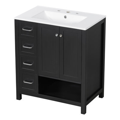 Meuble-lavabo 30 po avec comptoir, meuble-lavabo avec deux portes et deux tiroirs, bois massif, tablette ouverte, panneaux de fibres à densité moyenne, un paquet, gris