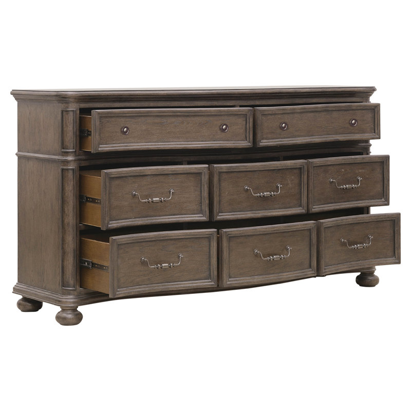 Lit Queen à panneaux rembourrés et commode à tiroirs avec miroir, Ensemble de 3 pièces : lit, commode, miroir, Grand lit