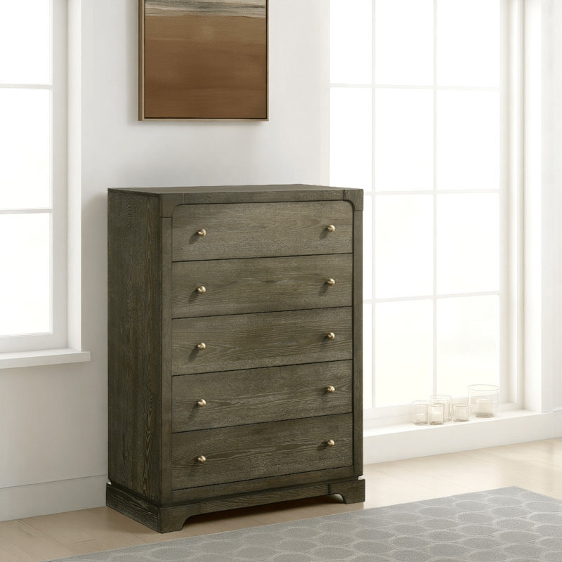 Commode haute Seon, 5 tiroirs avec boutons en laiton, brun cacao foncé