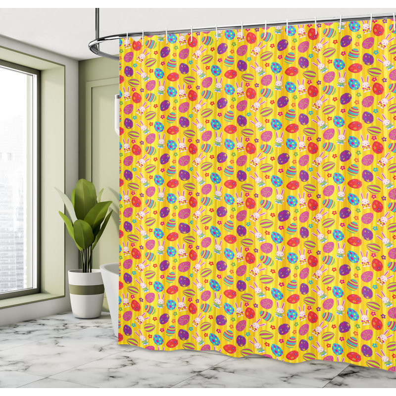 The Holiday Aisle® Easter Shower Curtain Bunnies Daisies Funky Multicolor, 70"H x 69"W