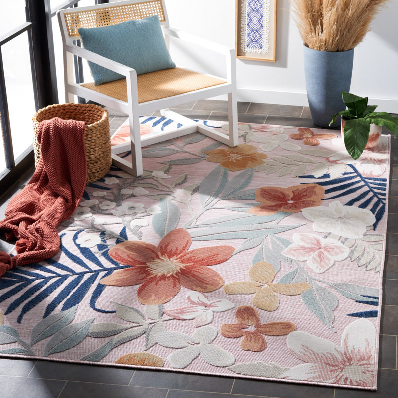 Tapis intérieur / extérieur à motif floral rose / gris Abdalah, Rectangle 8 pi x 10 pi