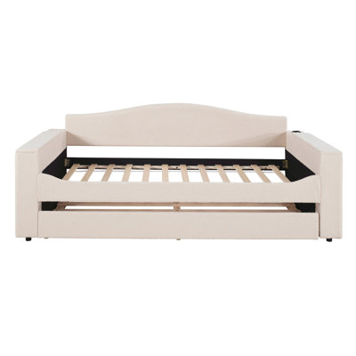 Upholstered Daybed with Storage Armrests, Trundle and Latest Integrated Bluetooth Audio System, Teddy Fleece