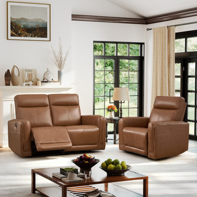 Slone 2-Piece Modern Top-Grain Leather Power Reclining Living Room Set: Loveseat, Recliner And Type-C & Usb