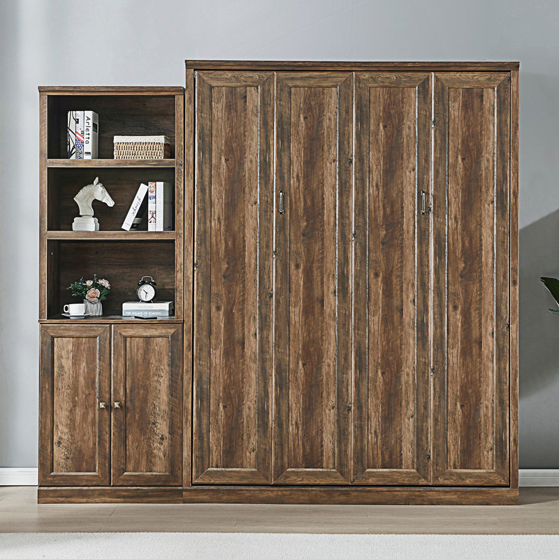 Grand lit escamotable semi-fermé et ouvert grand format avec 1 armoire latérale et tablette de rangement, cadre de lit, Brun
