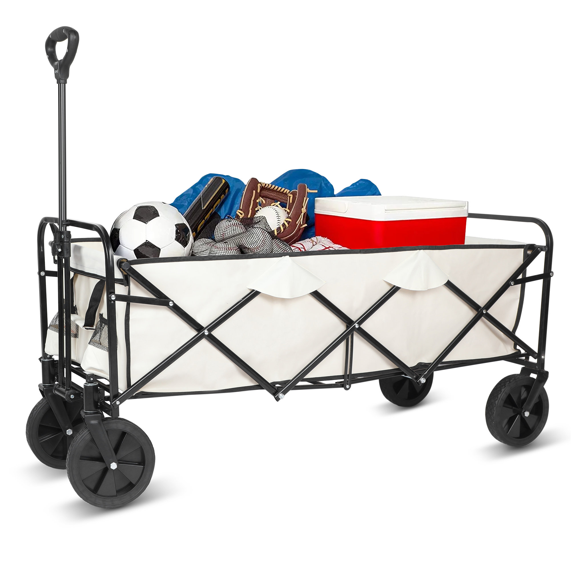 Collapsible Wagon Heavy Duty Folding Wagon Cart with Removable Canopy, 4  Wide Large All Terrain Wheels, Brake, Adjustable Handles,Cooler Bag Utility