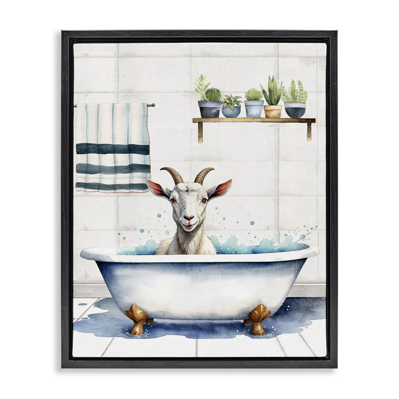 «Goat Bathtime Suds Floater», art mural sur toile par Kim Allen, Cadre flottant noir de jais, H 31 po x l 25 po