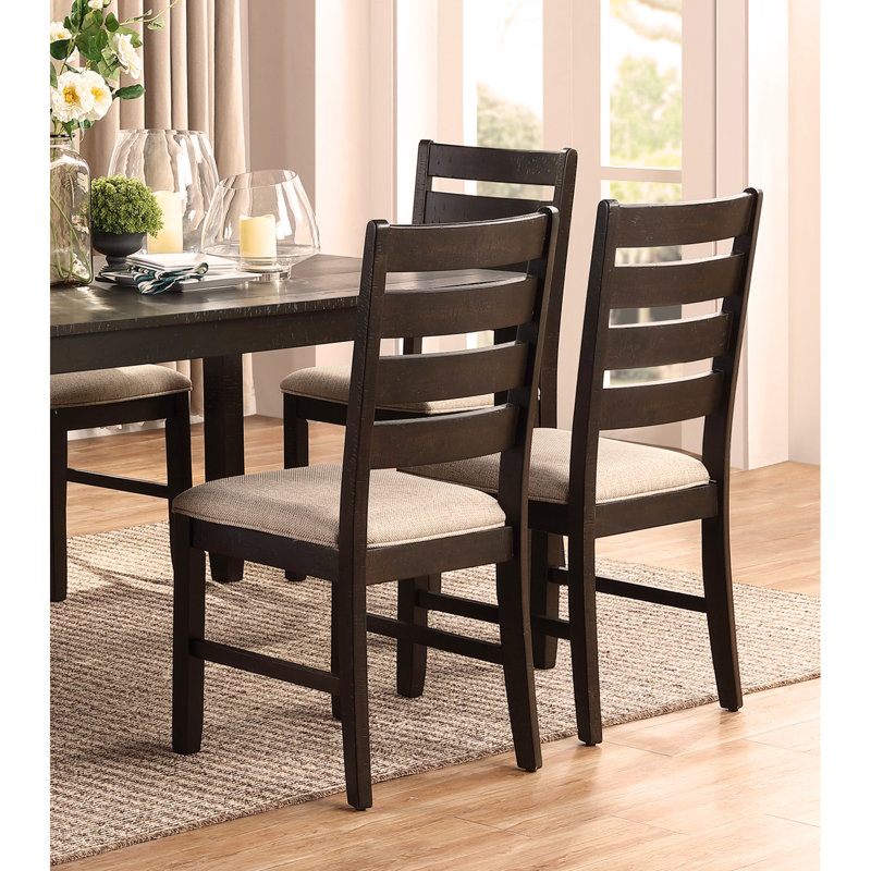 7pc Dining Set Brown Finish Table and 6 Side Chairs Beige Upholstery Seat Ladder Back Wooden Kitchen Dining Furniture