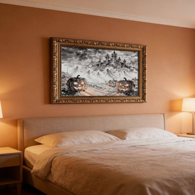 Cadre mural vintage orné d'un château d'Halloween – Cadre doré décoratif pour œuvres d'art., L 8 po x l 12 po