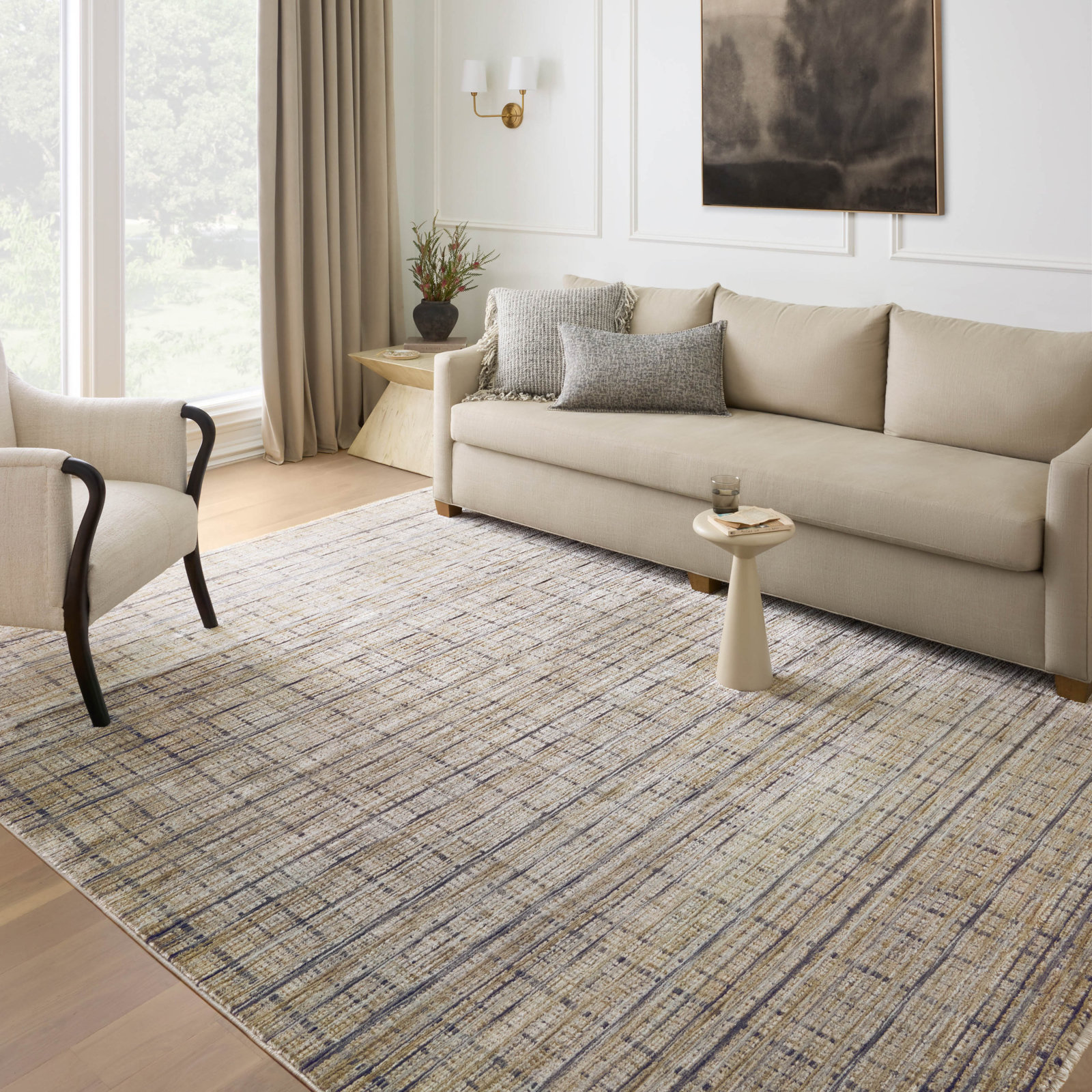 Beige Gray Striped Rug, Rectangle 7'1 x 10'