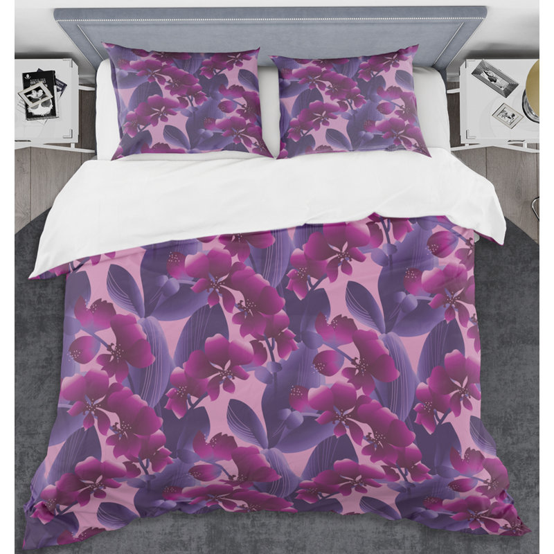 Modern & Contemporary Polyester Twill Geometric Shapes Duvet Cover, Twin Duvet Cover + 1 Sham, Foliage XV - Violet/Purple